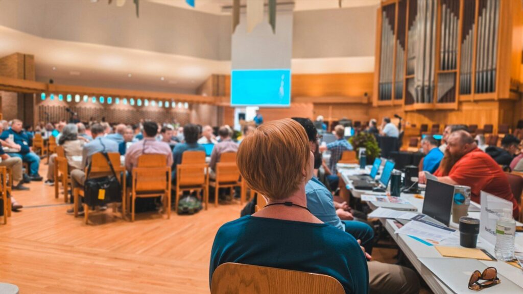 Public assistant à une réunion dans une grande salle